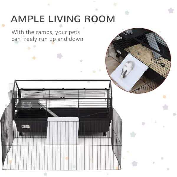 PawHut Rolling Metal Rabbit Guinea Pig or Small Animal Hutch Cage with Main House and Run - Healthber