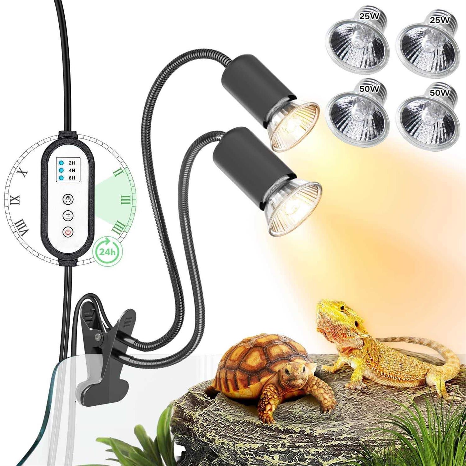 DTZY Reptile Heat Lamp Dual-Head UVA/B Reptile Light With Cycle Timer - Healthber
