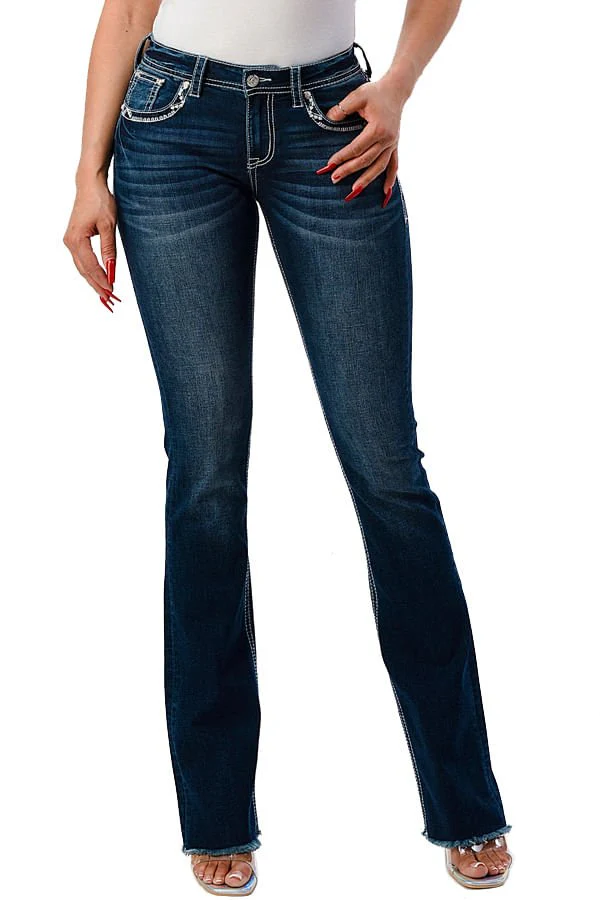 Grace in LA Women's Western Horseshoe Embellished Mid Rise Stretch Bootcut Jeans - Healthber