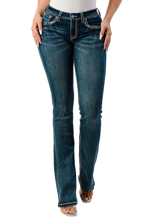 Grace in LA Horse Embroidered Mid Rise Bootcut Jeans - Healthber