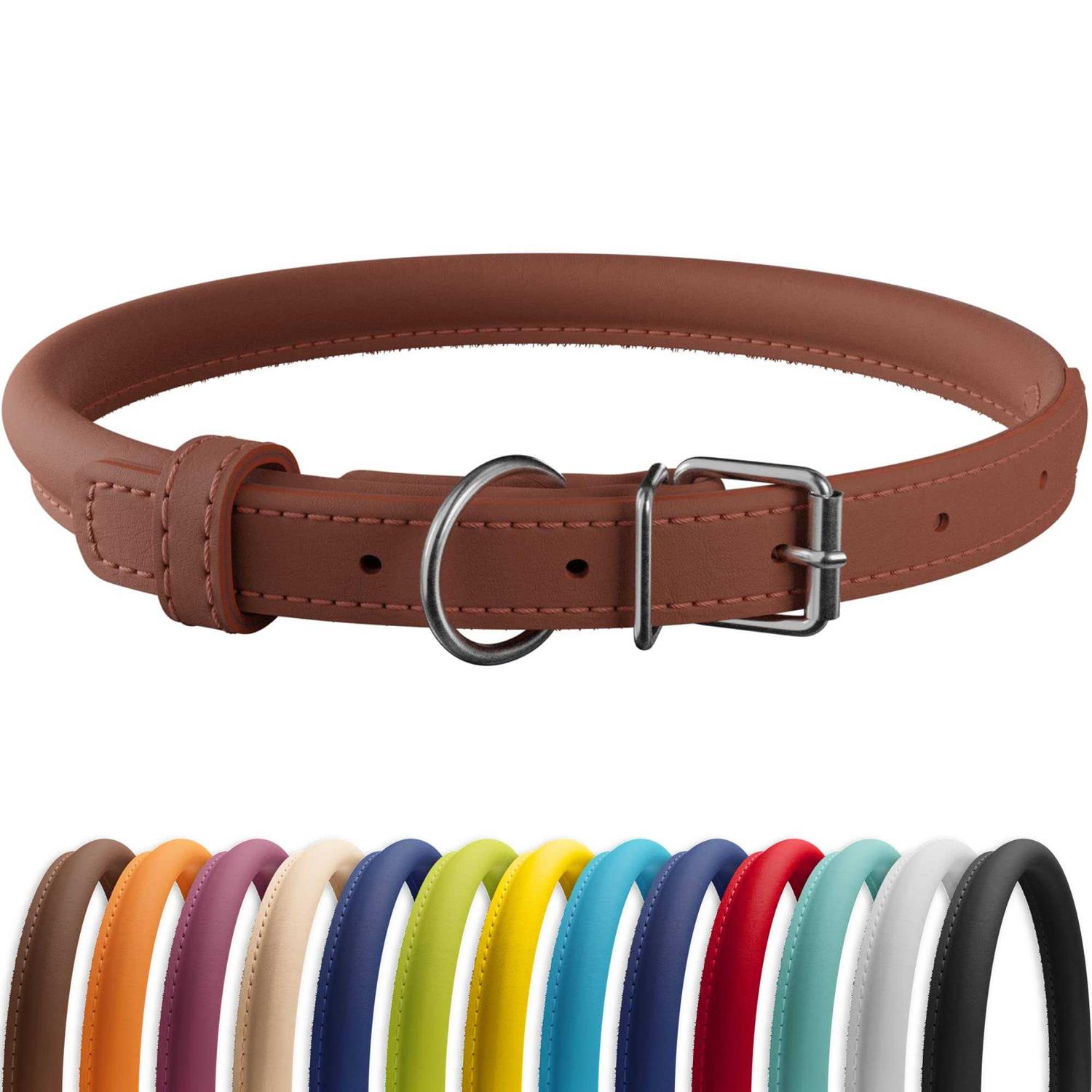 CollarDirect Rolled Leather Dog Collar Soft Padded Round Puppy Collar - Healthber