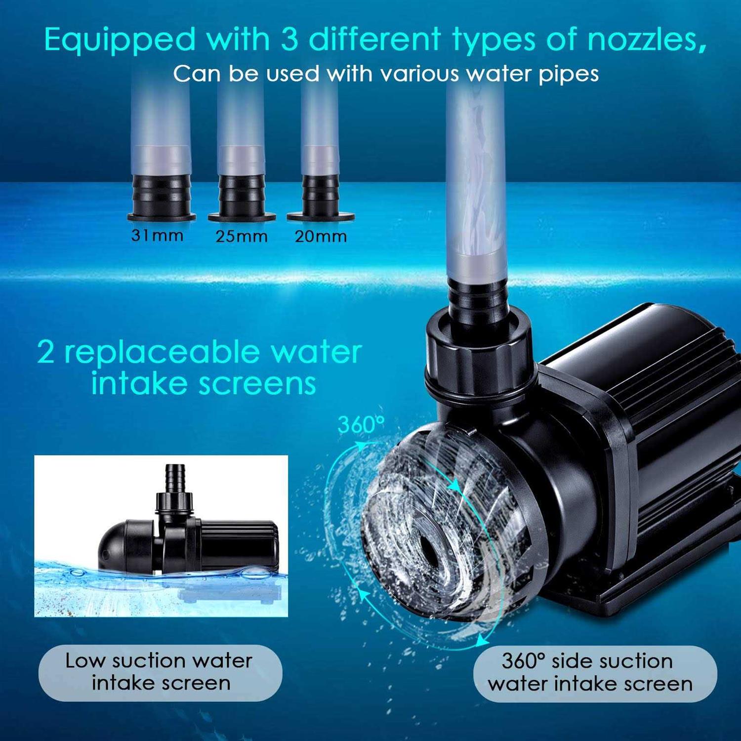AQQA 800-3200GPH Controllable Water Pump,Circulation Make Wave/Feed Mode/20 Options Flow Adjustable Multifunction Submersible or External Powerful - Healthber