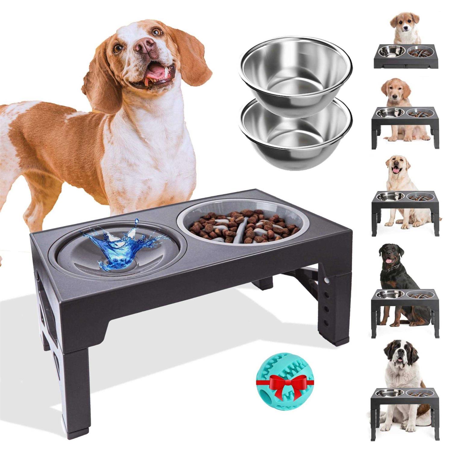 Elevated Slow Feeder Dog Bowls – Raised Dog Bowl Set with 2 Stailess Steel & 1 Slow Feeder & 1 No Spill Dog Bowl – 5 Adjustable Heights up to 3.1” - Healthber