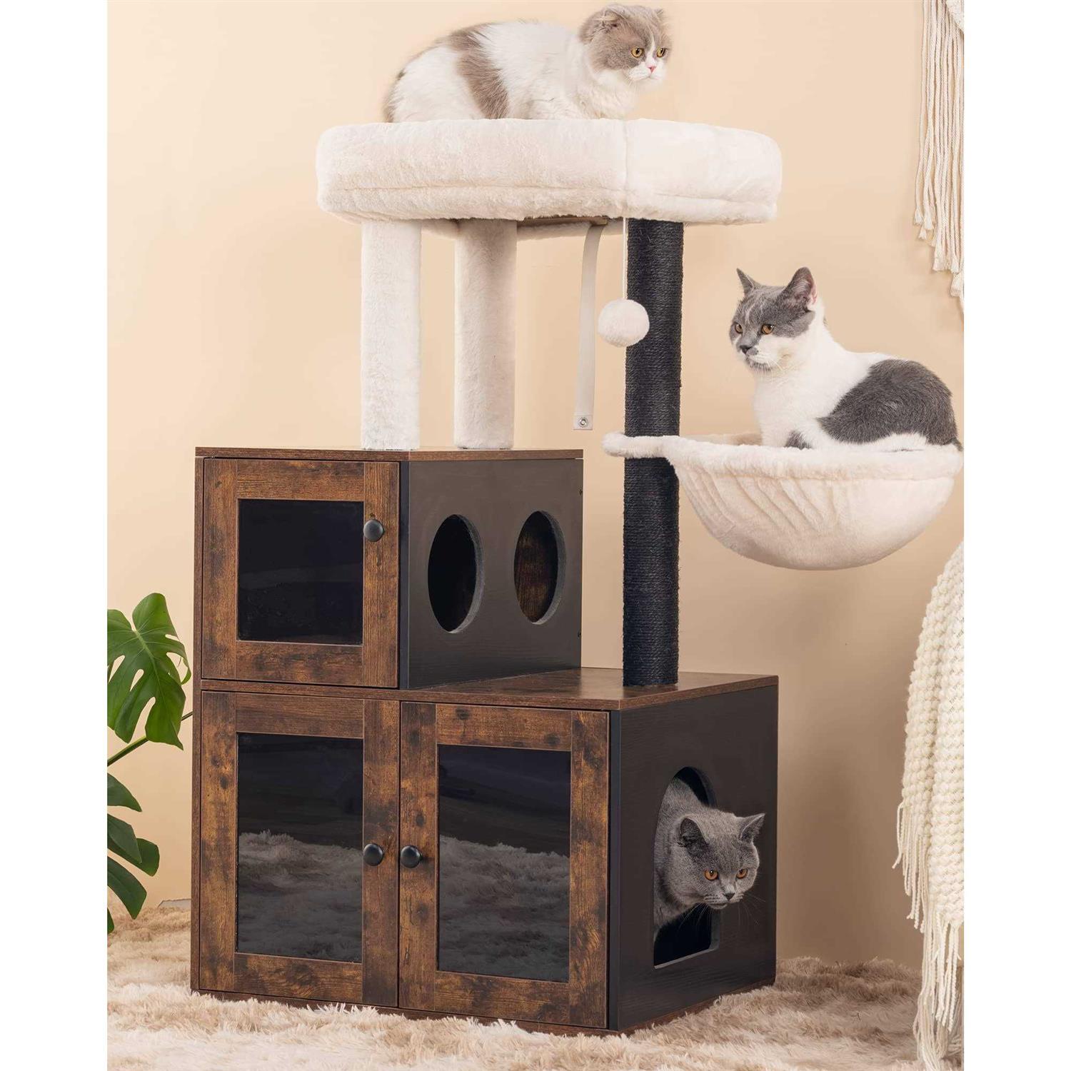 fourfurpets multipurpose litter box enclosure with cat tree, acrylic doors and windows - Healthber