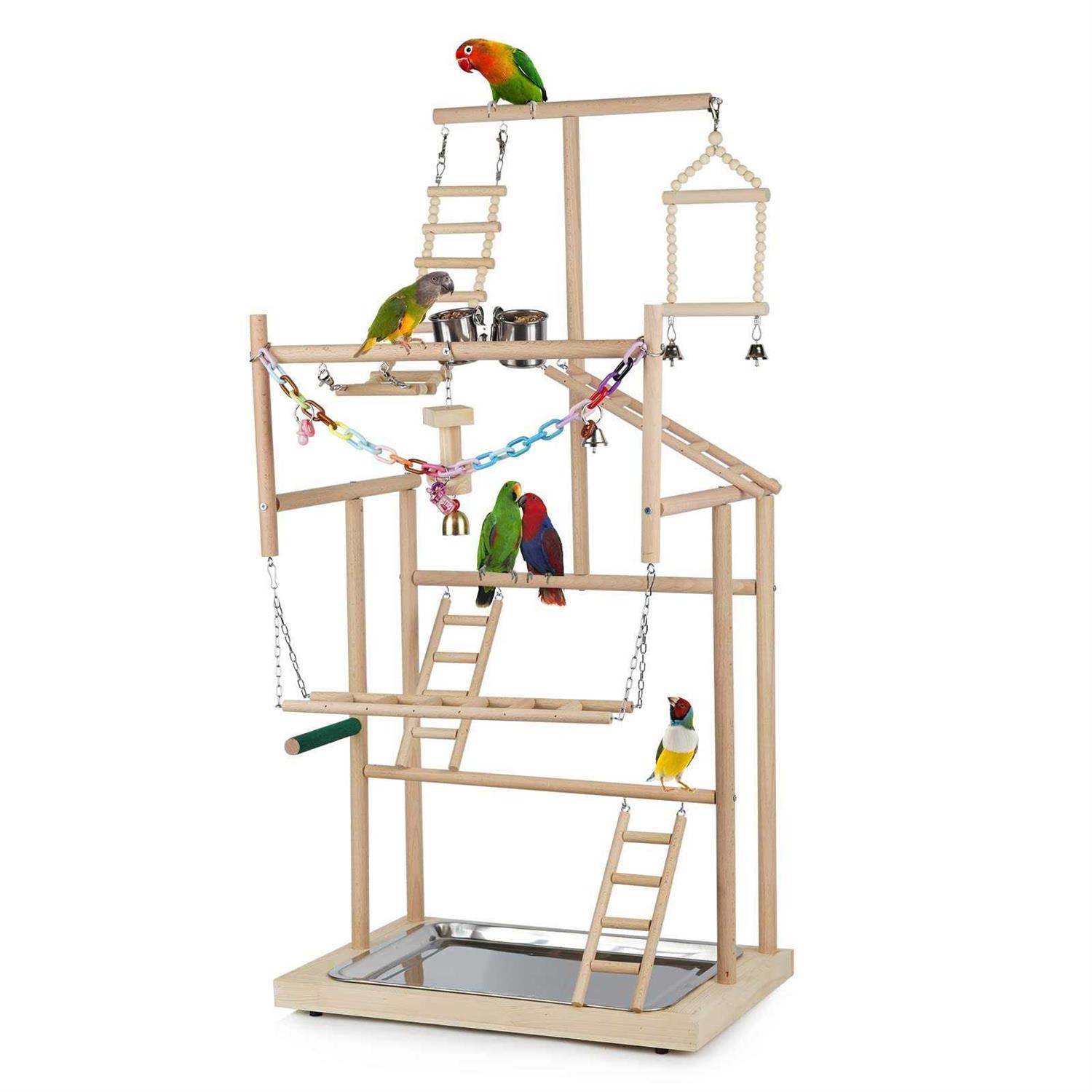 Ibnotuiy Pet Parrot Playstand Parrots Bird Playground Bird Play Stand Wood Perch Gym Playpen Ladder with Feeder Cups Bells for Cockatiel Parakeet - Healthber