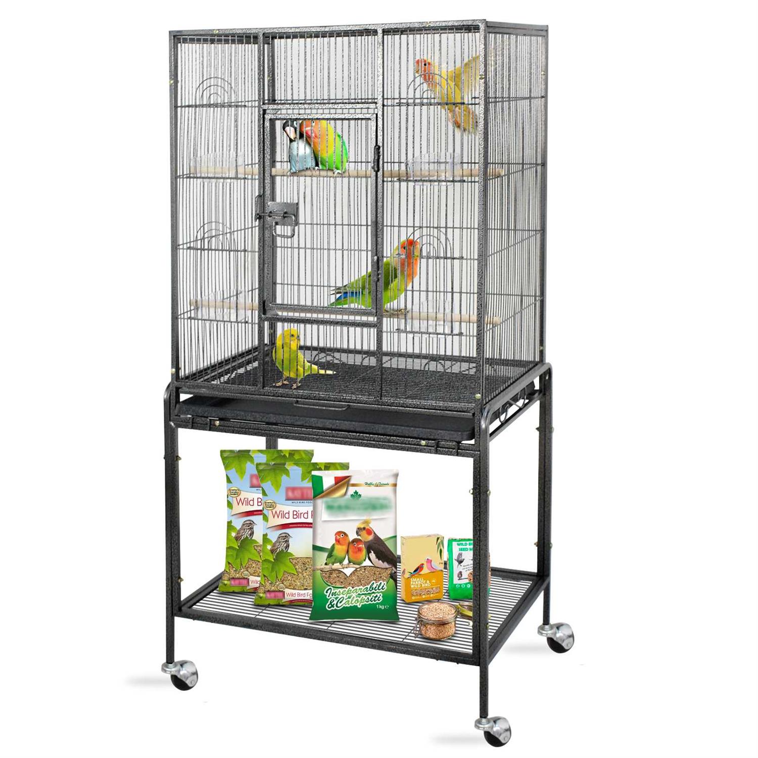 Zeny 53 inch Rolling Bird Cage Large Wrought Iron Cage Lovebird House with Rolling Stand, Black, Size: Medium - Healthber