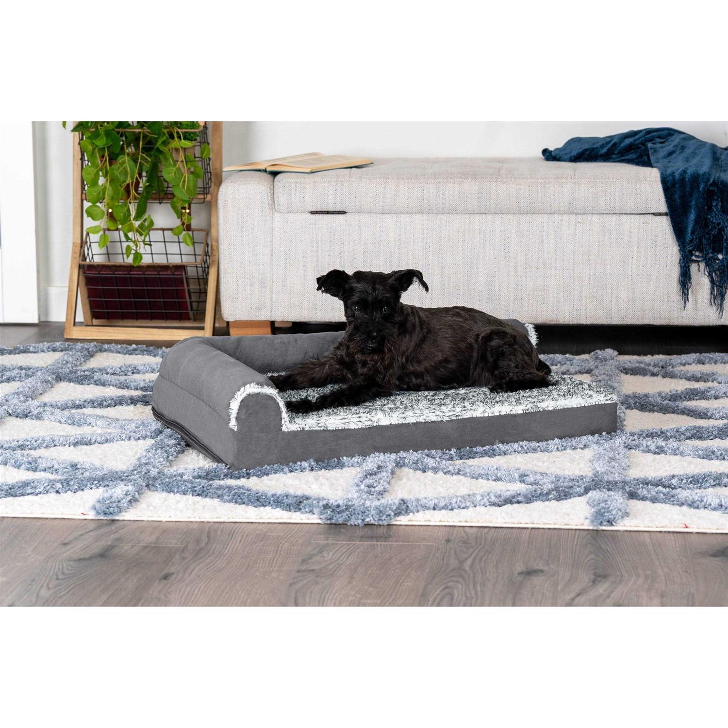 FurHaven Pet Bed Two-Tone Faux Fur Suede Deluxe Chaise Lounge Dog Bed - Healthber