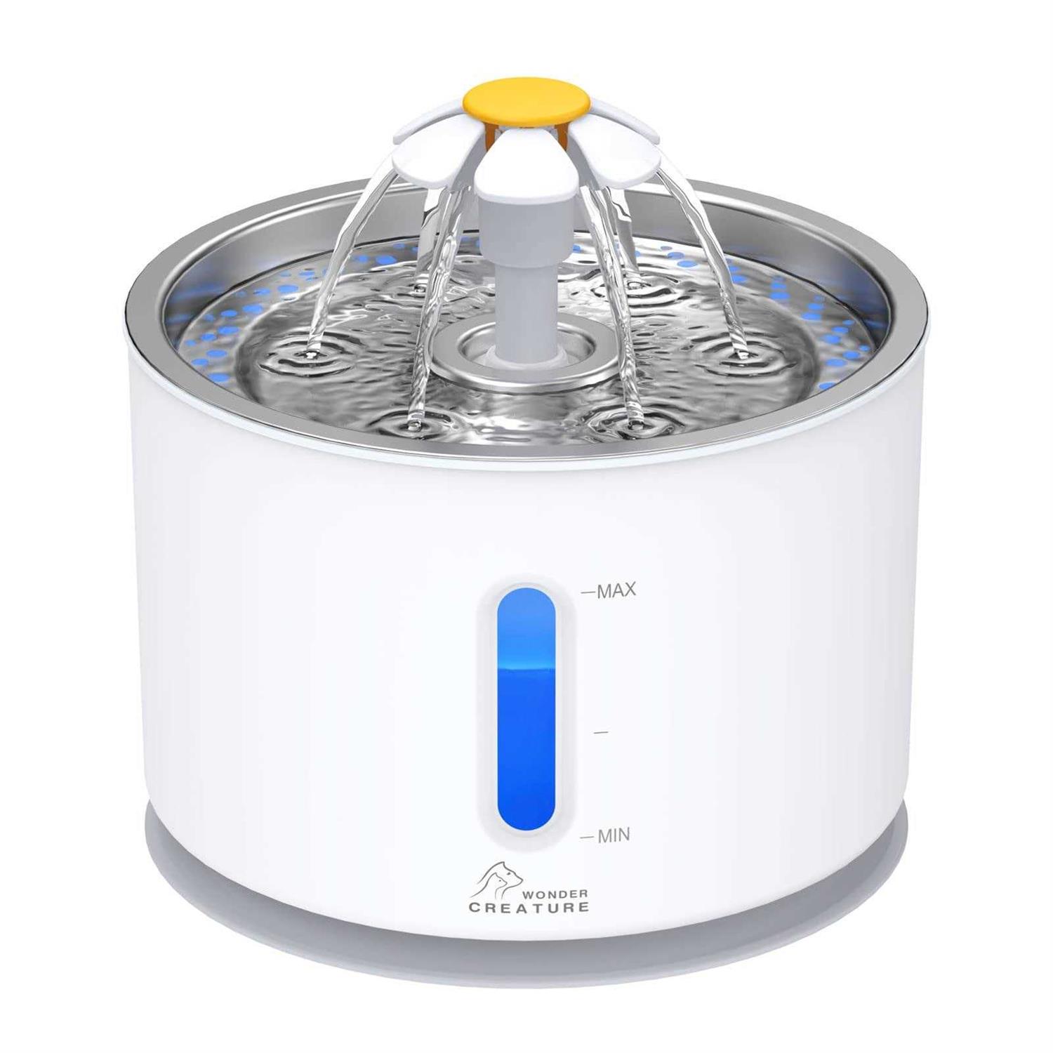 Wonder Creature Cat Water Fountain with Stainless Steel Lid, 2.4L/81oz Automatic Cat Fountain with LED Light and Water Level Window for Cats and Dogs - Healthber