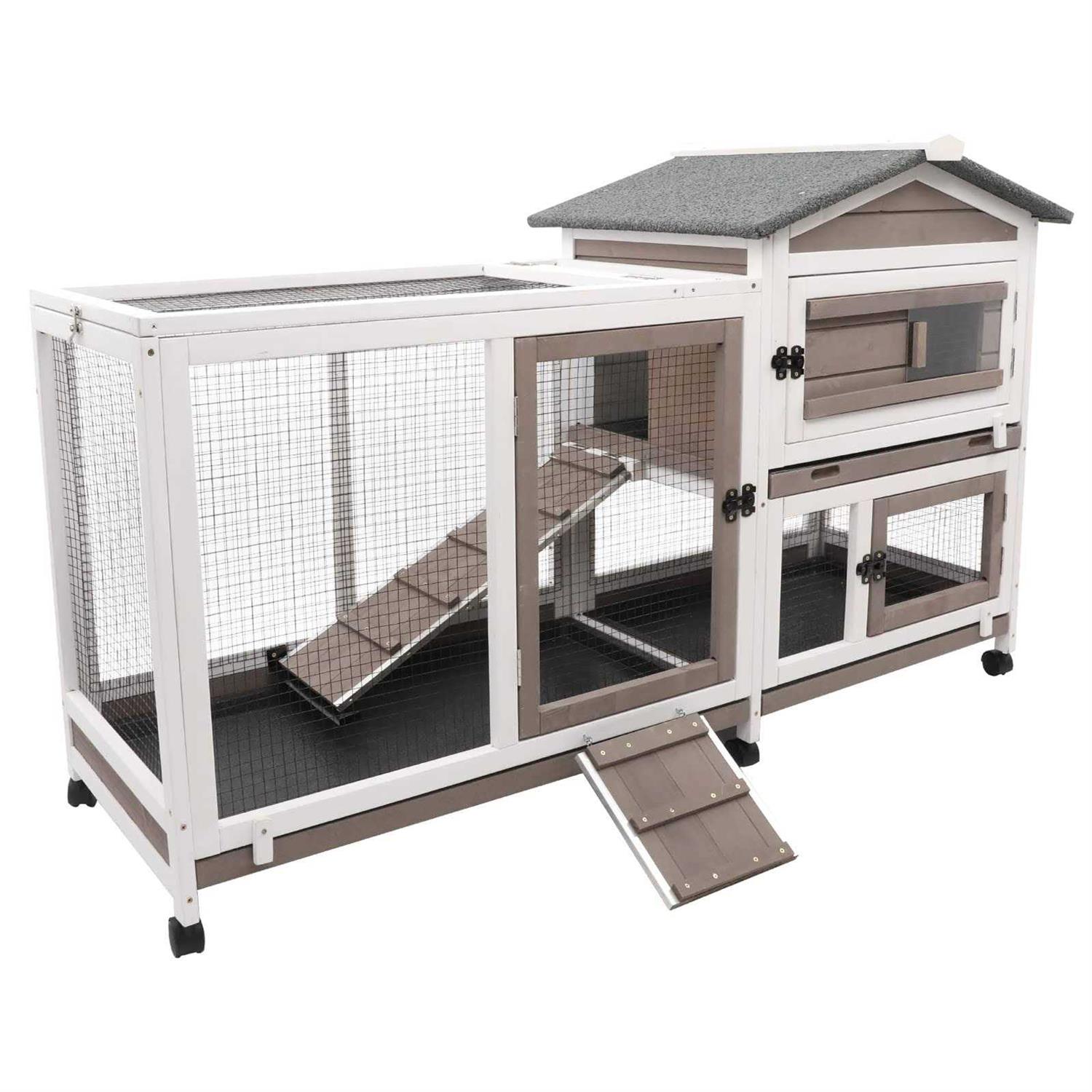 Gowoodhut Rabbit Hutch Indoor Outdoor 2 Story Bunny Cage with 3 No Leak Trays,55.31 L Guinea Pig Cages Rabbit Cage with 6 Wheels for Guinea Pig - Healthber
