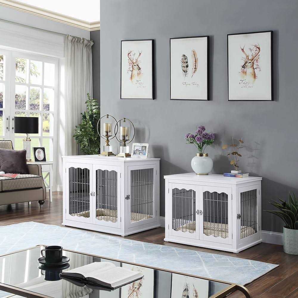 Unipaws Dog Crate End Table with Cushion Wooden Wire Pet Kennels with Double Doors - Healthber