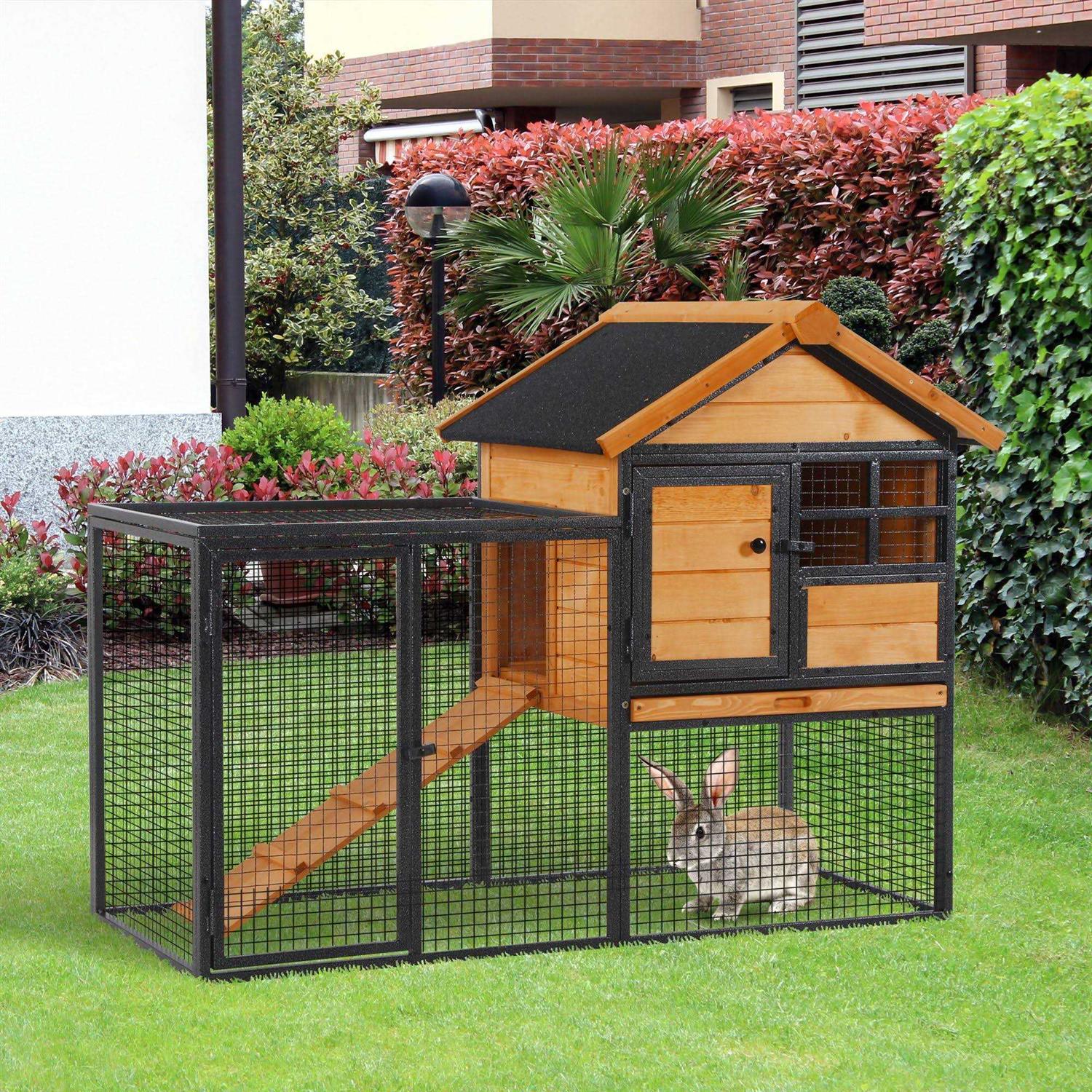 PawHut Wood-metal Elevated Pet Bunny House Rabbit Cage with Slide-Out Tray Outdoor - Healthber