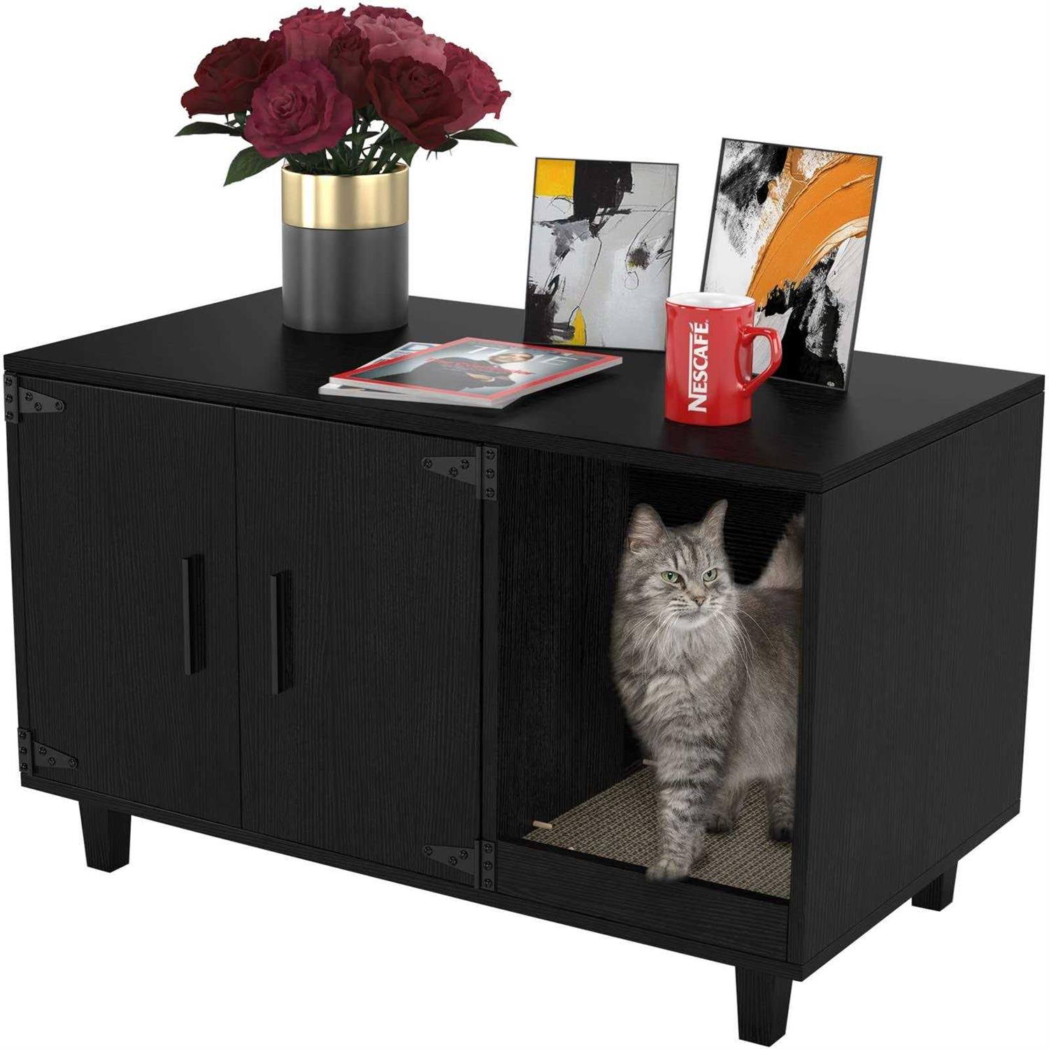 GDLF Pet Crate Cat Washroom Hidden Litter Box Enclosure as Table Nightstand with Scratch Pad,Stackable - Healthber