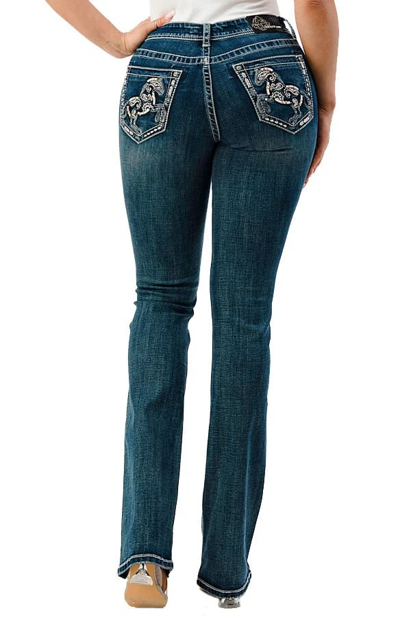 Grace in LA Horse Embroidered Mid Rise Bootcut Jeans - Healthber