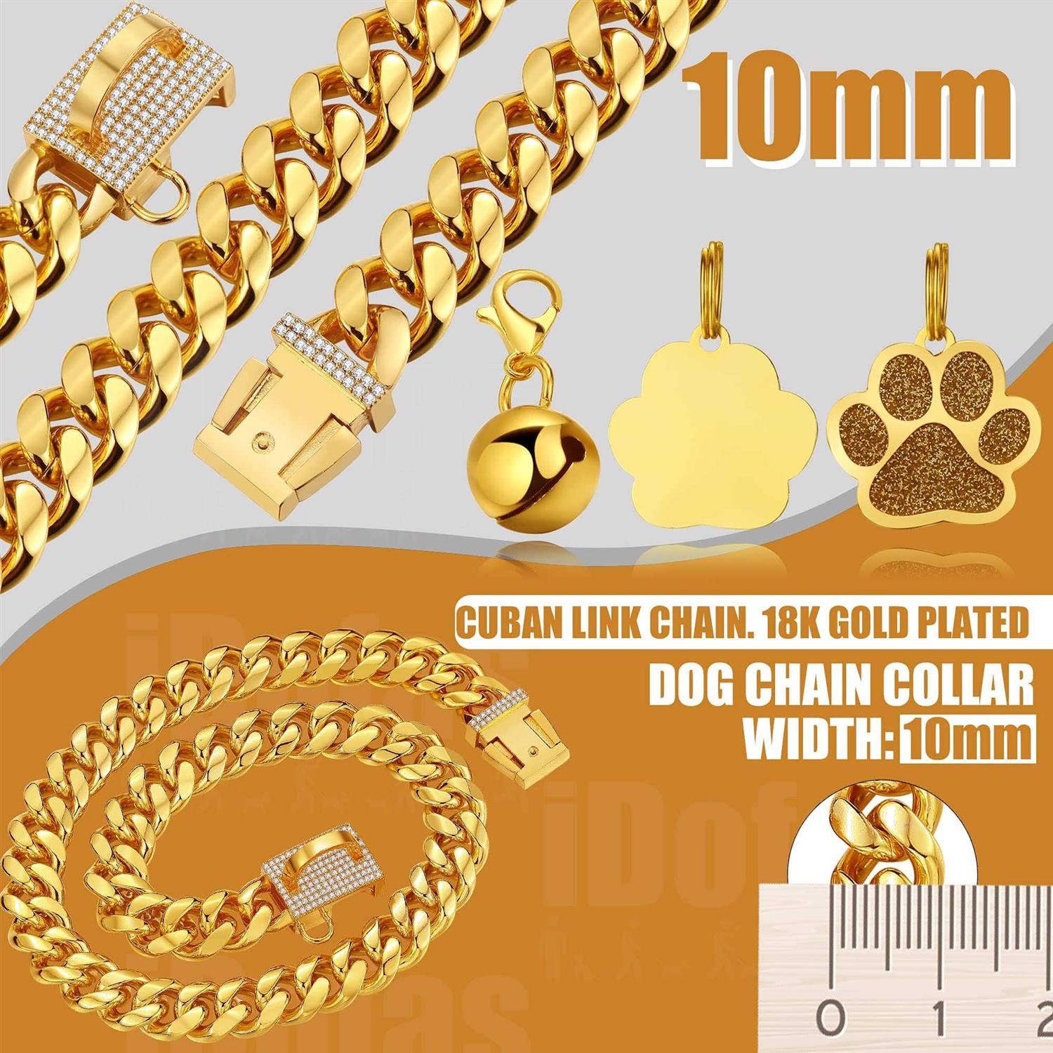 LuxLife Dog Chain Collars Gold Chain Dog Collar Cuban Link Dog Collar Snap Buckle 18K Stainless Steel Metal Dog - Healthber