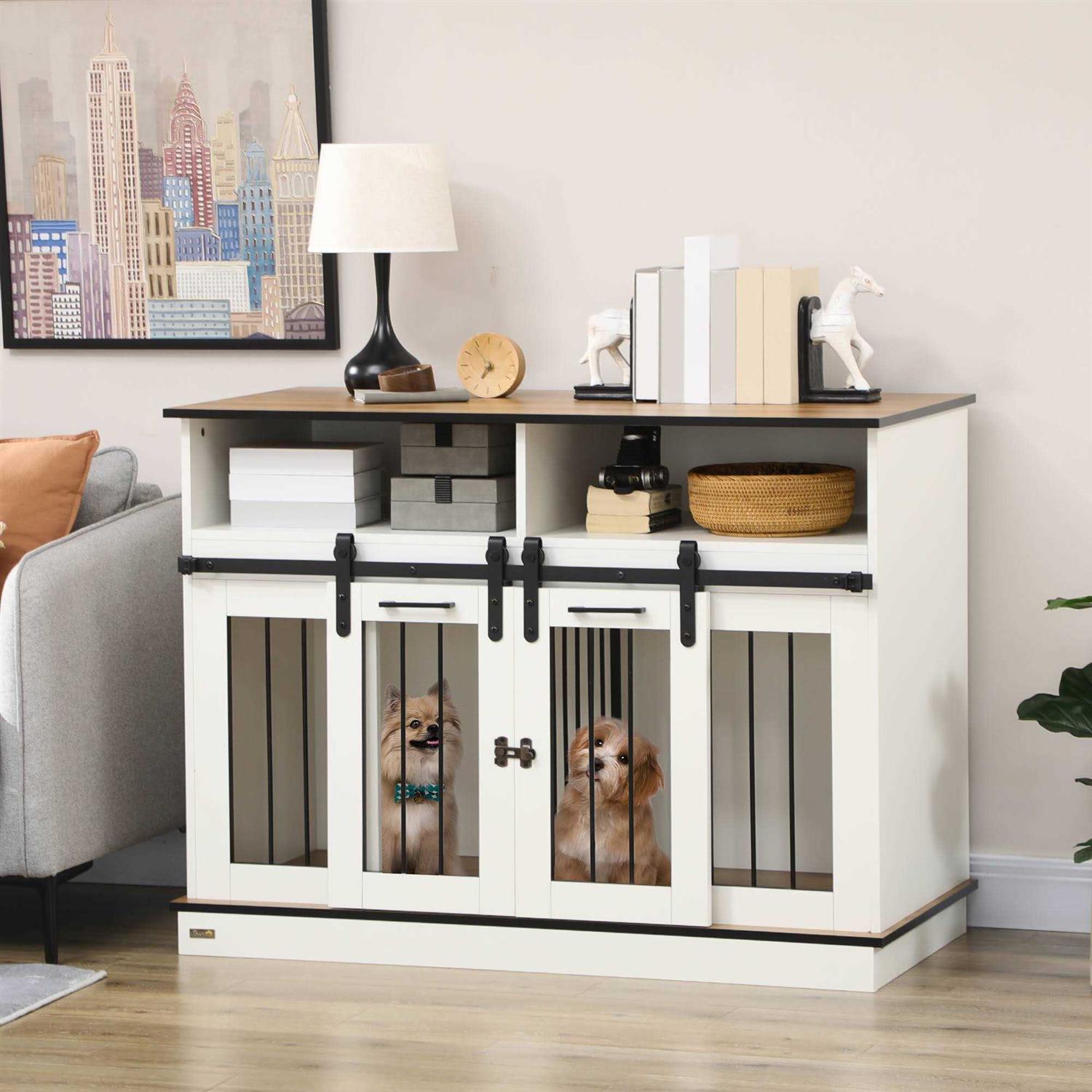 PawHut Dog Crate Furniture for Large Dogs Double Dog Kennel for Small Dogs with Shelves - Healthber