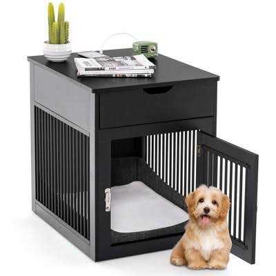 Costway 2-In-1 Furniture Dog Crate with Drawer Wired & Wireless Charging Side End Table - Healthber