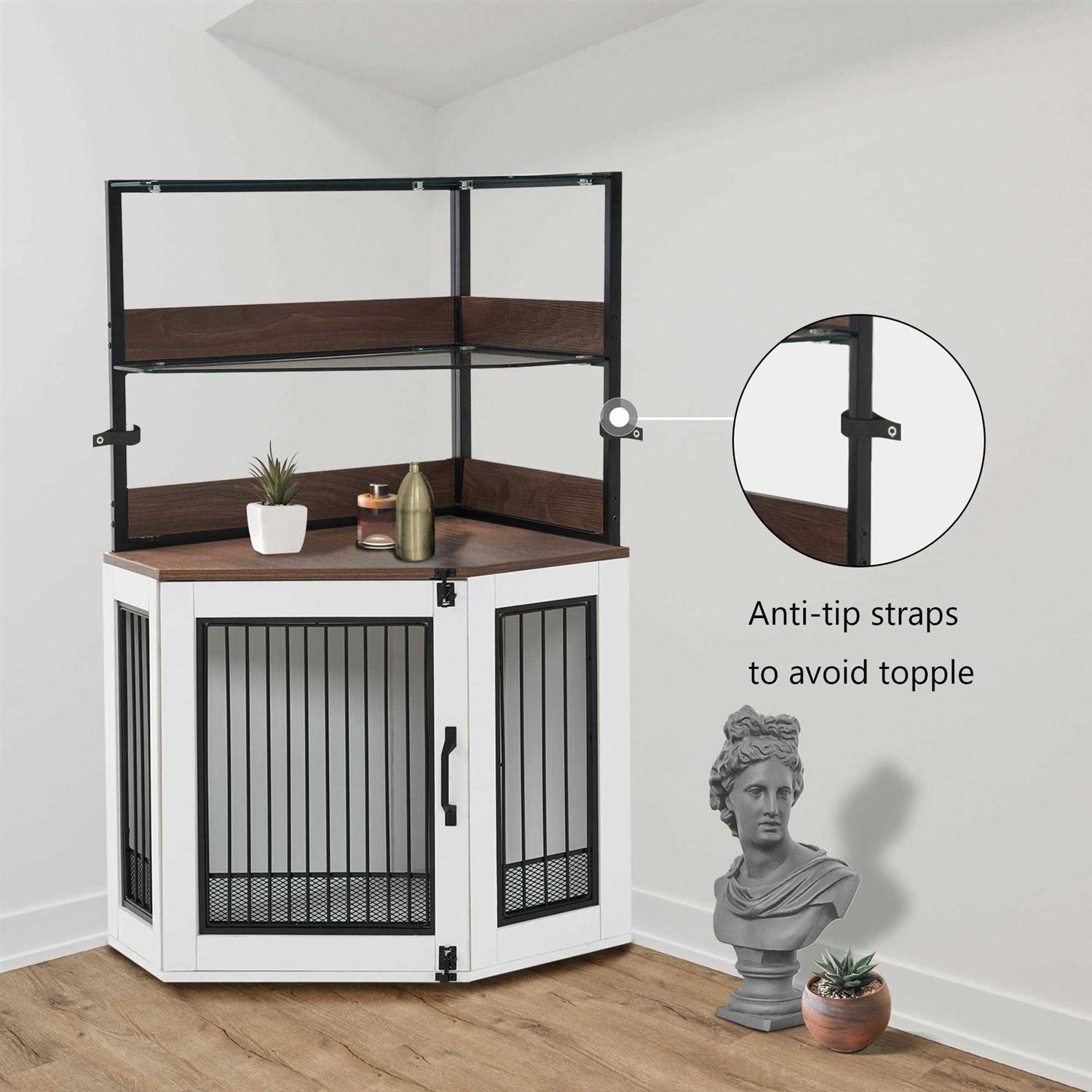 MCombo Corner Dog Crate Furniture with Glass Shelves Wooden Dog Kennel Furniture with Door - Healthber