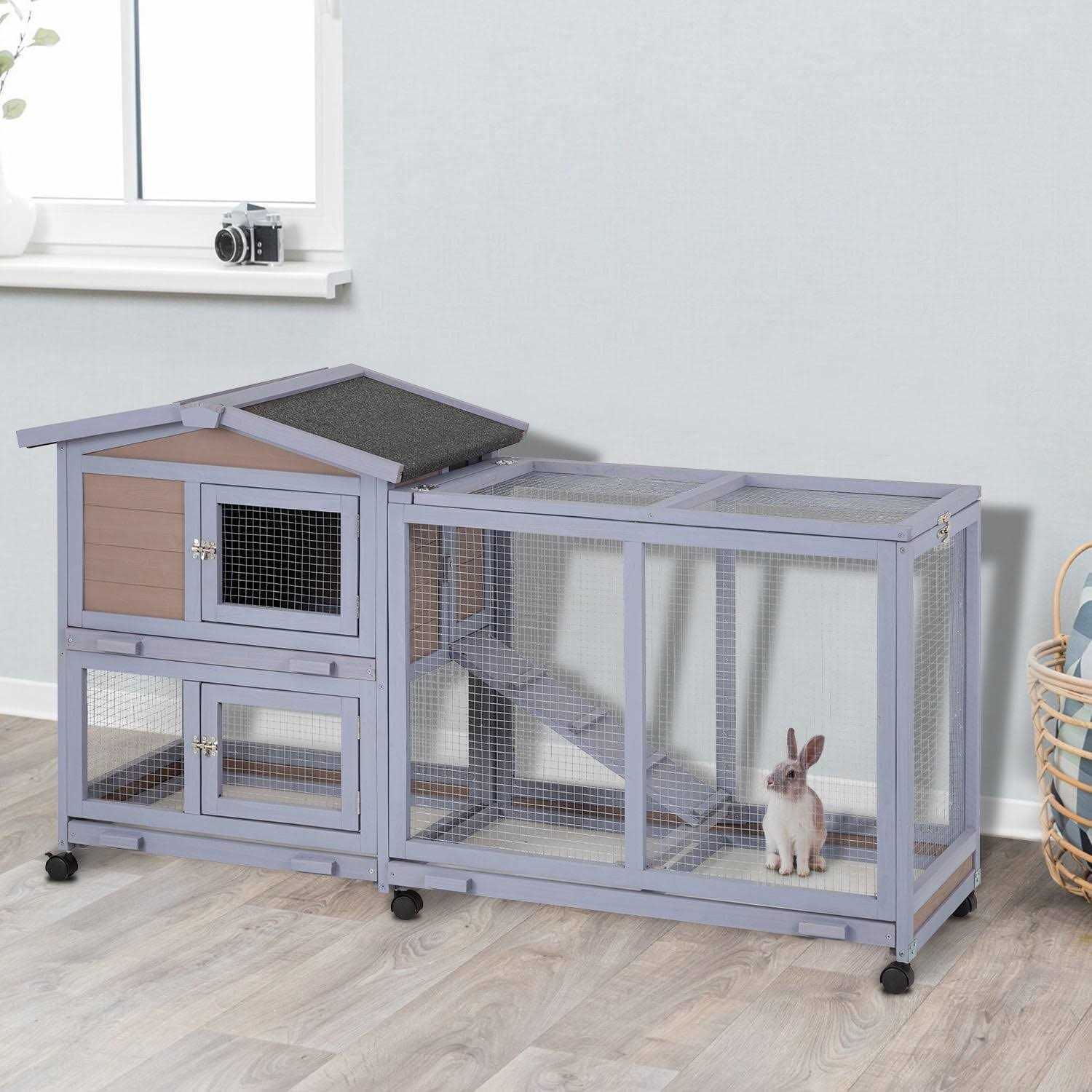 Niamvelo Wood Rabbit Hutch Indoor&Outdoor Bunny Cage with Wheels &Waterproof Roof for Small Animals - Healthber