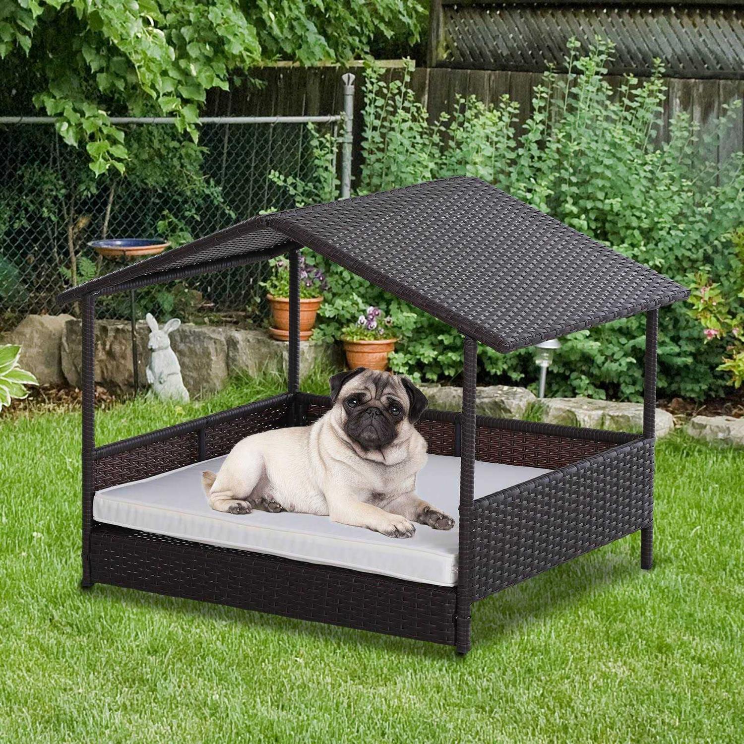 PawHut Wicker Dog House Elevated Raised Rattan Bed for Indoor/Outdoor with Removable Cushion Lounge - Healthber