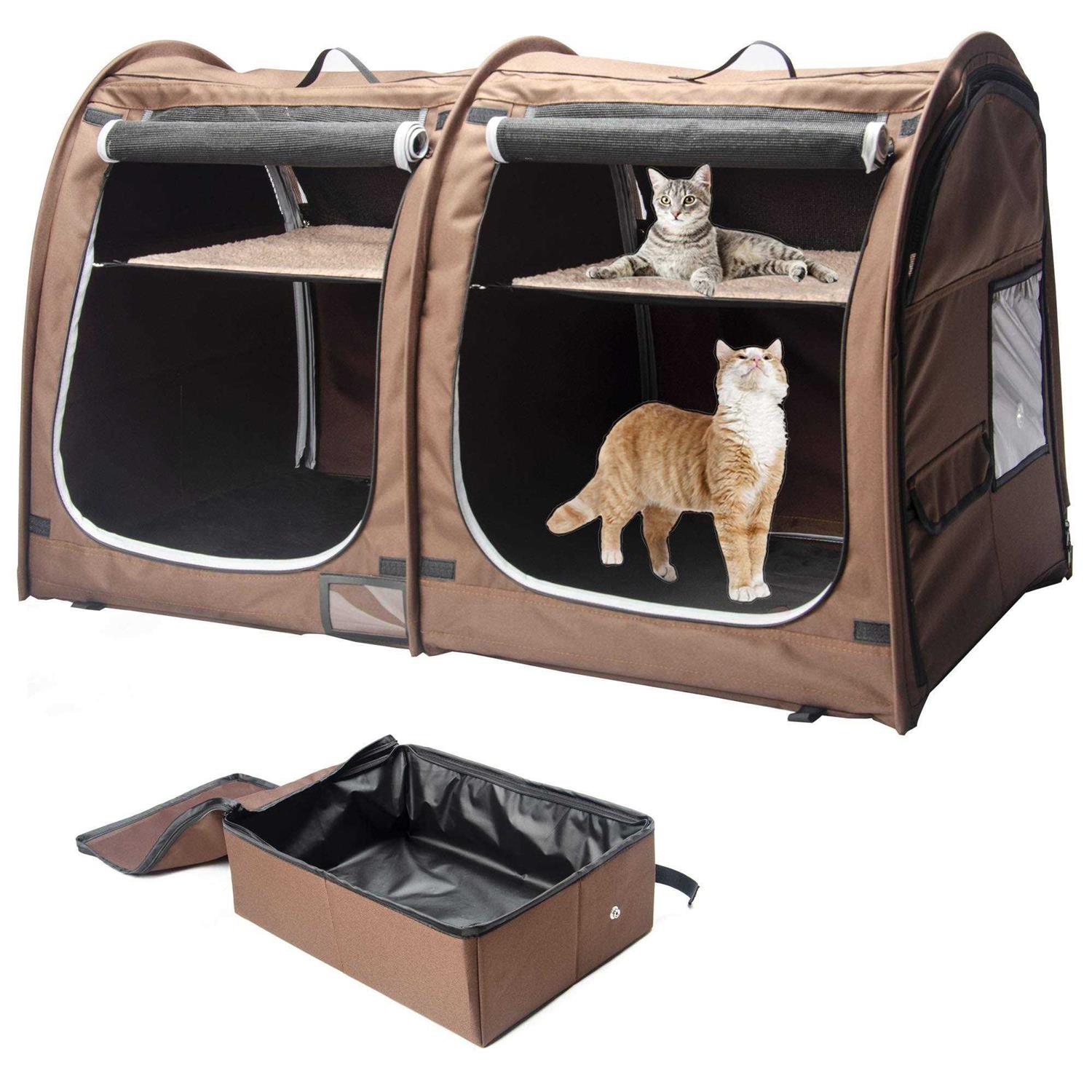 Mispace Portable Twin Compartment Show House Cat Cage/Condo Easy to Fold & Carry Kennel - Healthber