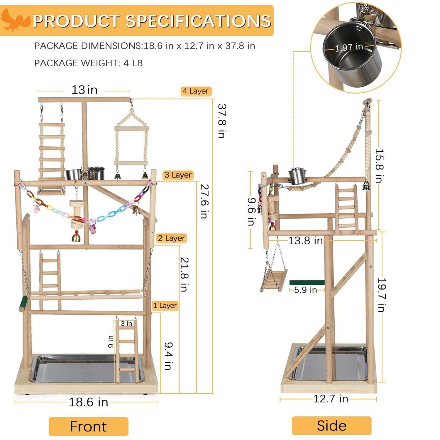Ibnotuiy Pet Parrot Playstand Parrots Bird Playground Bird Play Stand Wood Perch Gym Playpen Ladder with Feeder Cups Bells for Cockatiel Parakeet - Healthber