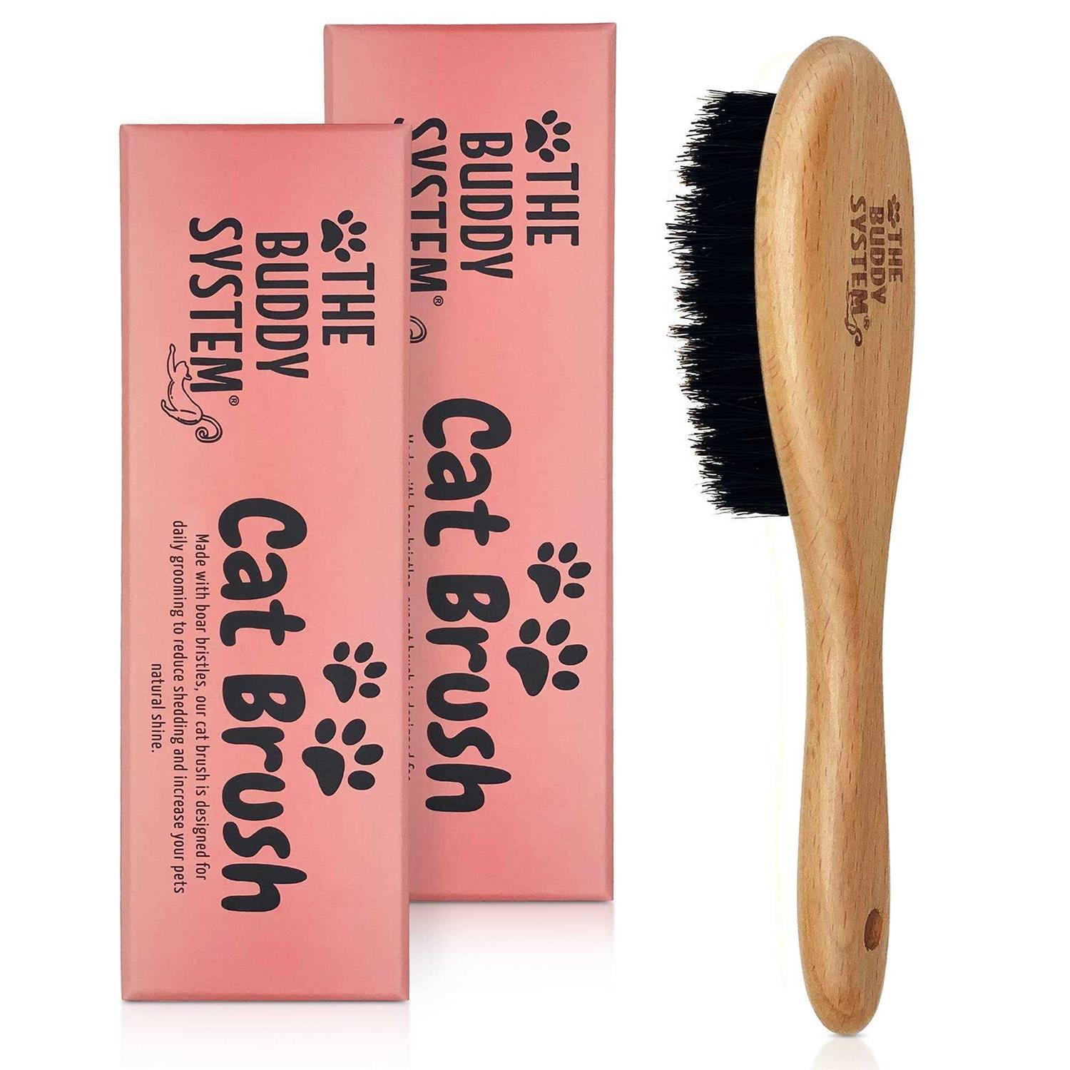 The Buddy System Cat Brush with Boar Bristle and Wooden Handle, Professional Grade Daily Grooming Hairbrush, Reduce Shedding, Soft Hair and Healthy - Healthber