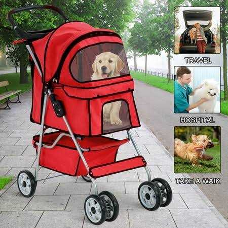 Pet Dog Stroller 4 Wheel Foldable Cat Dog Stroller with Storage Basket - Healthber