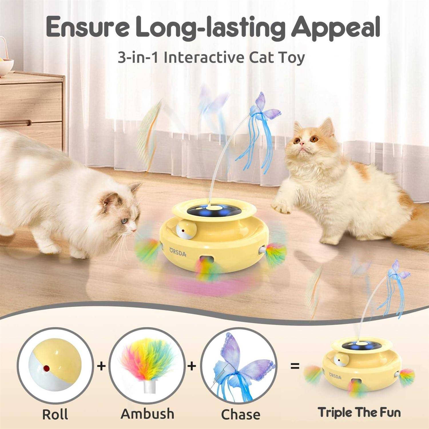 ORSDA 3-in-1 Cat Toys Rechargeable Interactive Cat Toys for Indoor Cats Automatic Kitten Toy - Healthber