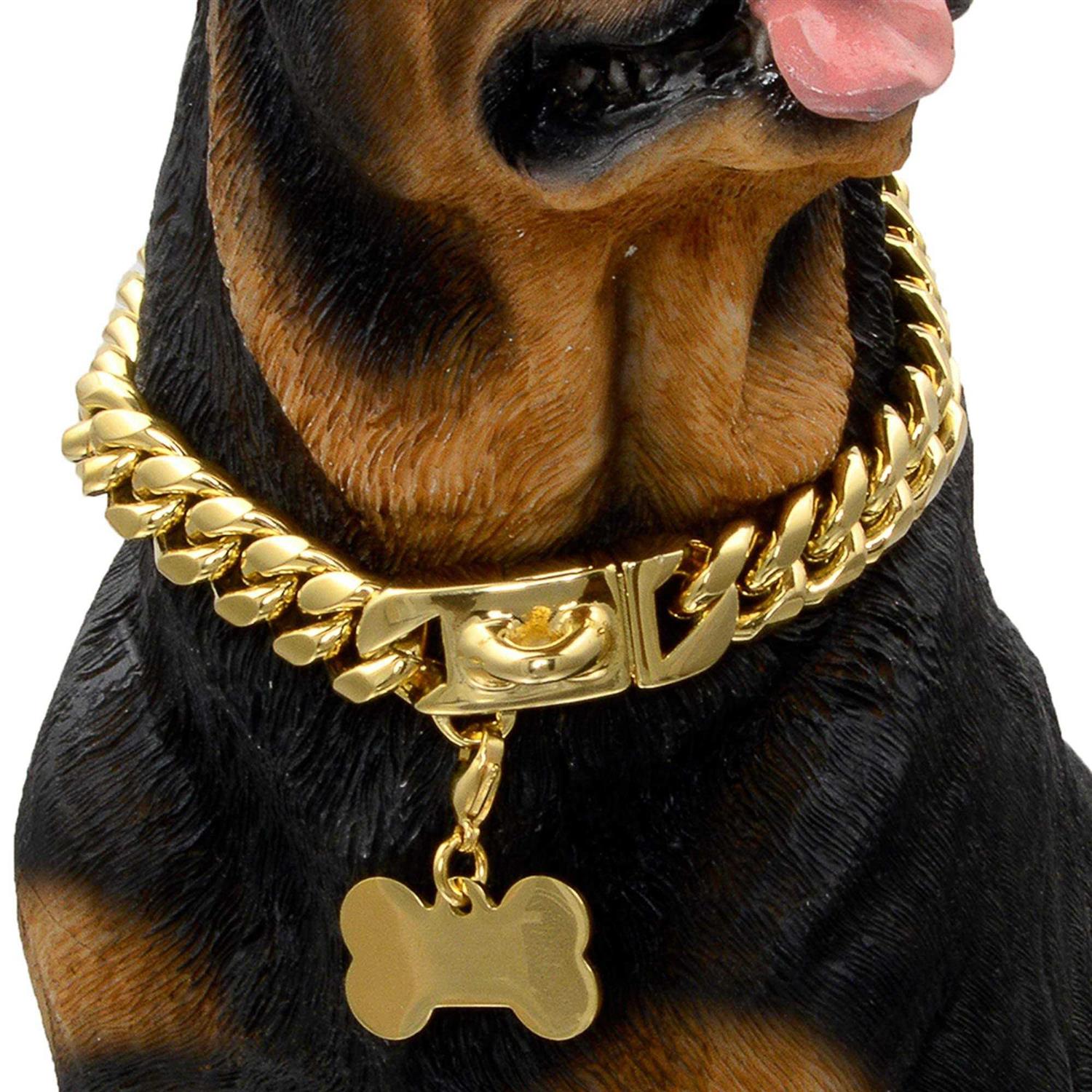 W/W Lifetime Gold Dog Chain Collar Walking Metal Chain Collar with Design Secure Buckle,18K Cuban Link Strong Heavy Duty Chew Proof for Medium Dogs - Healthber