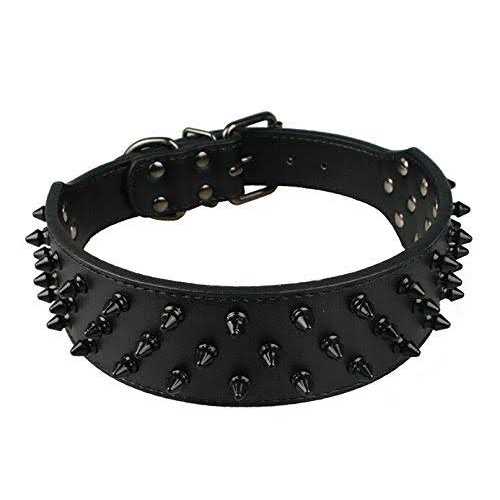 Dogs Kingdom Leather Black Spiked Studded Dog Collar 2 Wide - Healthber