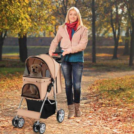 Costway Foldable 4-Wheel Pet Stroller with Storage Basket - Healthber