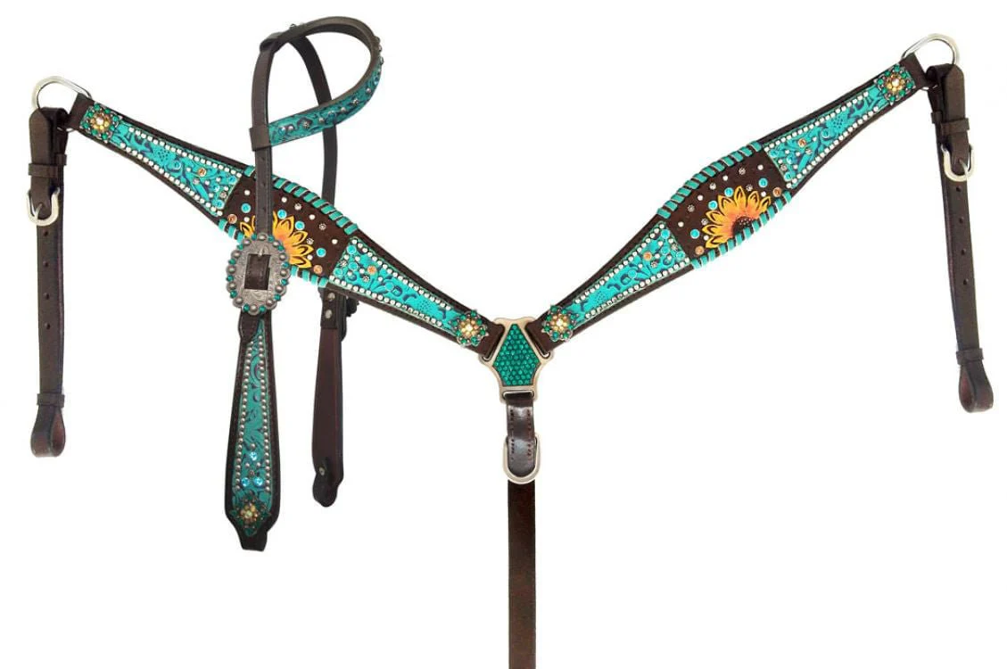 Showman Turquoise Filigree & Sunflower Headstall and Breast Collar - Healthber