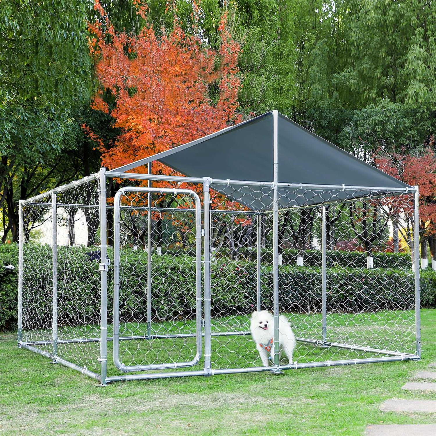 Magic Union Dog Cage Metal Outdoor Pet Playpen Wire Kennel with Water-Resistant Cover Roof, Size: 90.00 x 90.00 x 45.00, Silver - Healthber