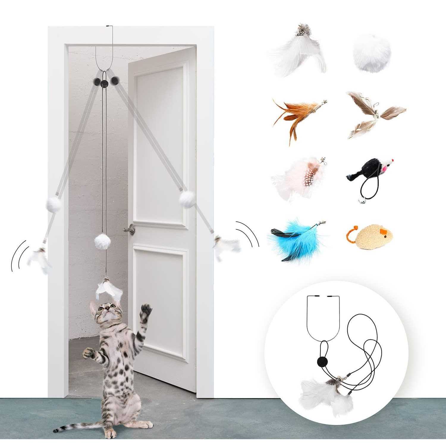LEKEWPET Retractable cat Feather Toys 7PCS Refills with Bell Interactive Doorway Hanging Teaser Toys for Indoor Cats. Kitten Play Exercise Feather - Healthber