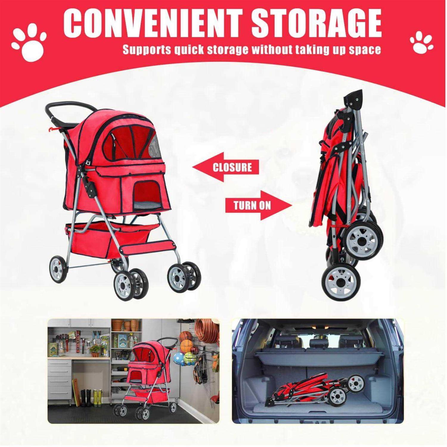 Pet Dog Stroller 4 Wheel Foldable Cat Dog Stroller with Storage Basket - Healthber