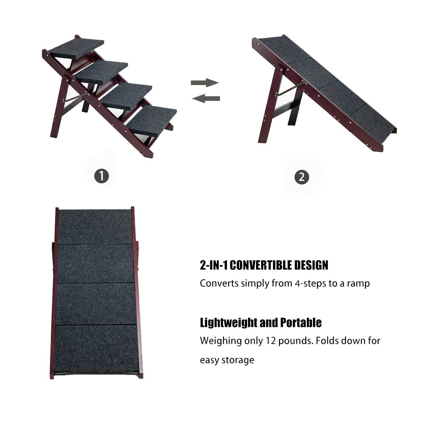 Mewang Wooden Dog Stairs/Steps Foldable 4 Levels Pet Stairs & Ramp Perfect for Beds and Cars - Healthber
