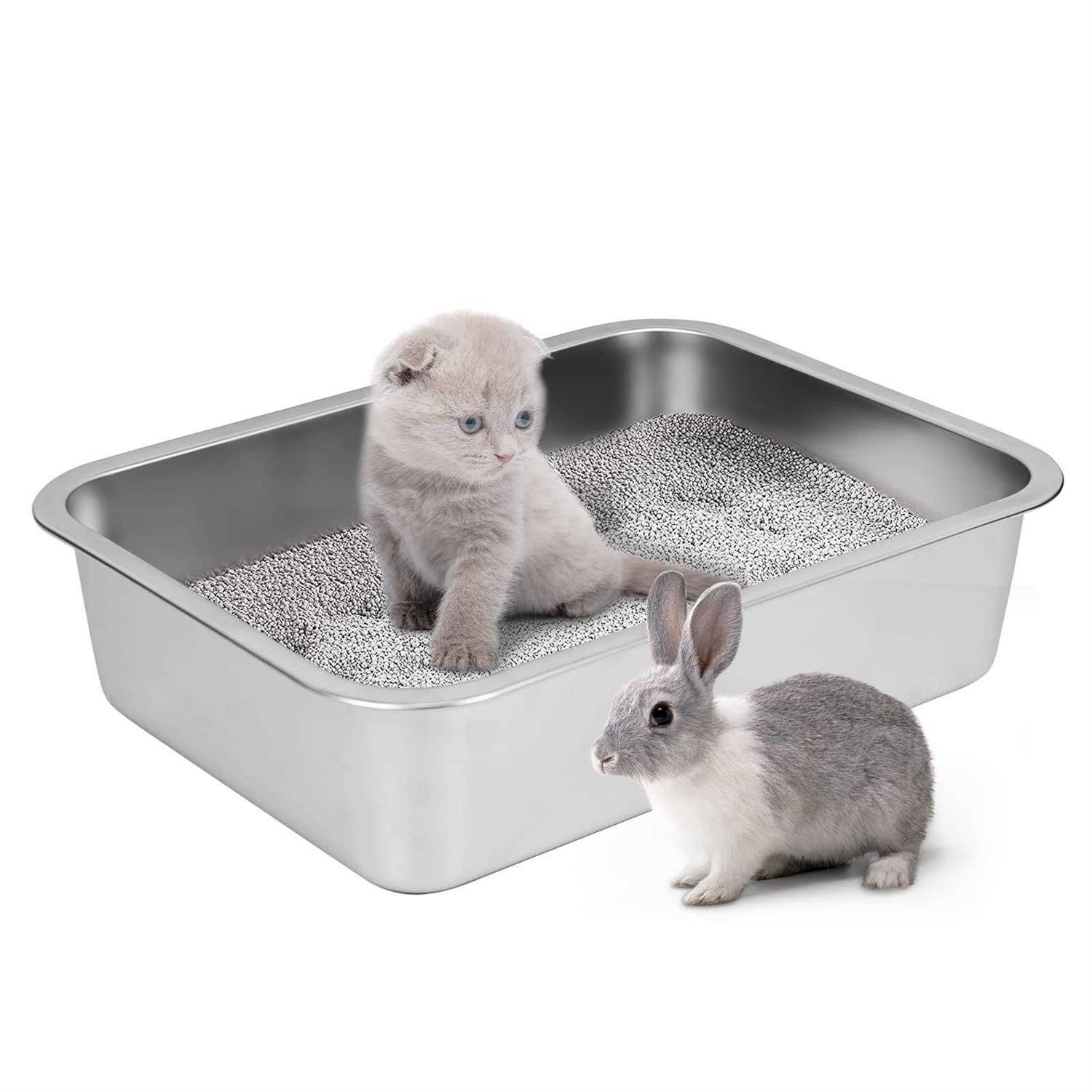 IKITCHEN Stainless Steel Cat Litter Box Small Low Entry Open Metal Litter Pan for Kittens Newborn Cats Rabbits - Healthber