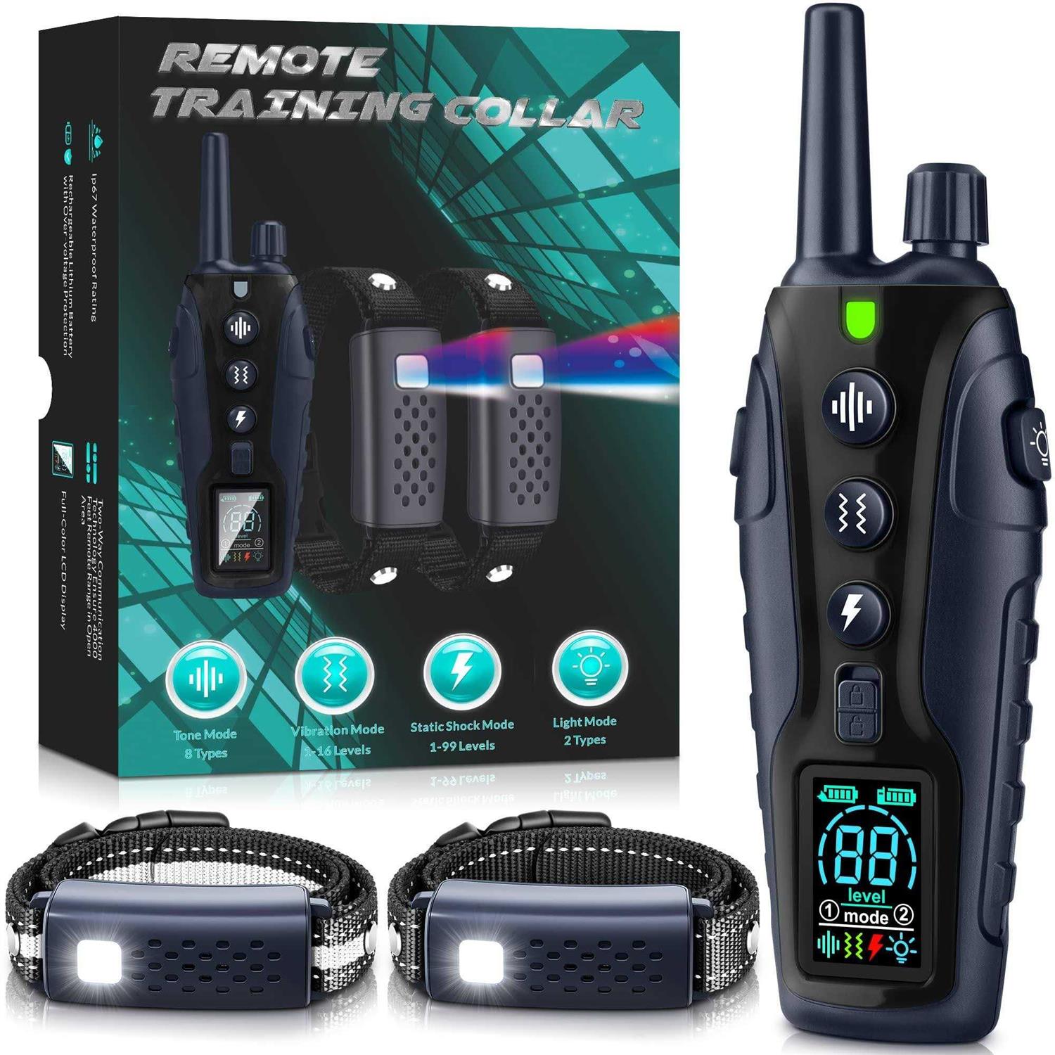 Nikketta Dog shock Collar 2 Dogs with Flashing Light for Night Walks,4000FT Dog Training Collar Adjustable Pitch beep - Healthber