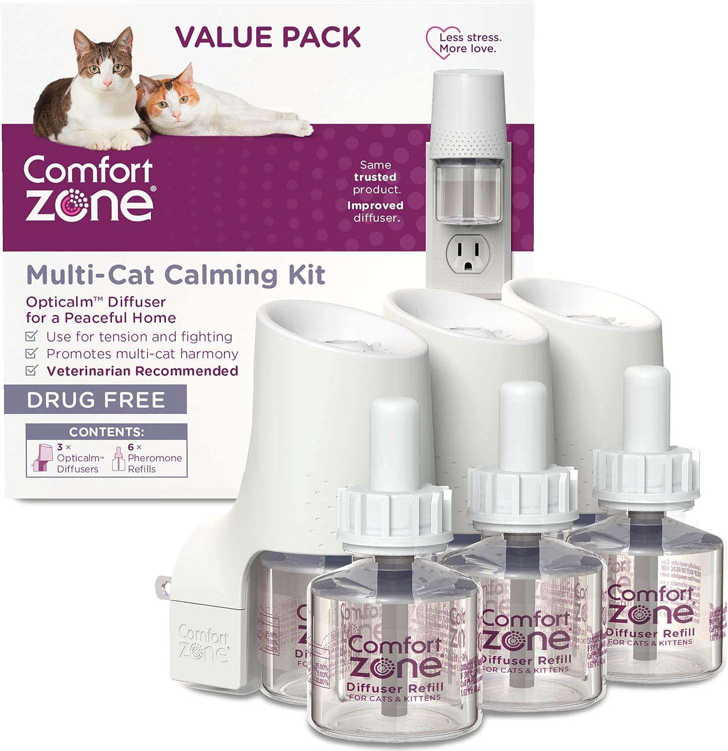 Comfort Zone MultiCat Calming Diffuser Kit, Cat Pheromone  3 Diffusers and 6 Refills-48ml, New Formula - Healthber
