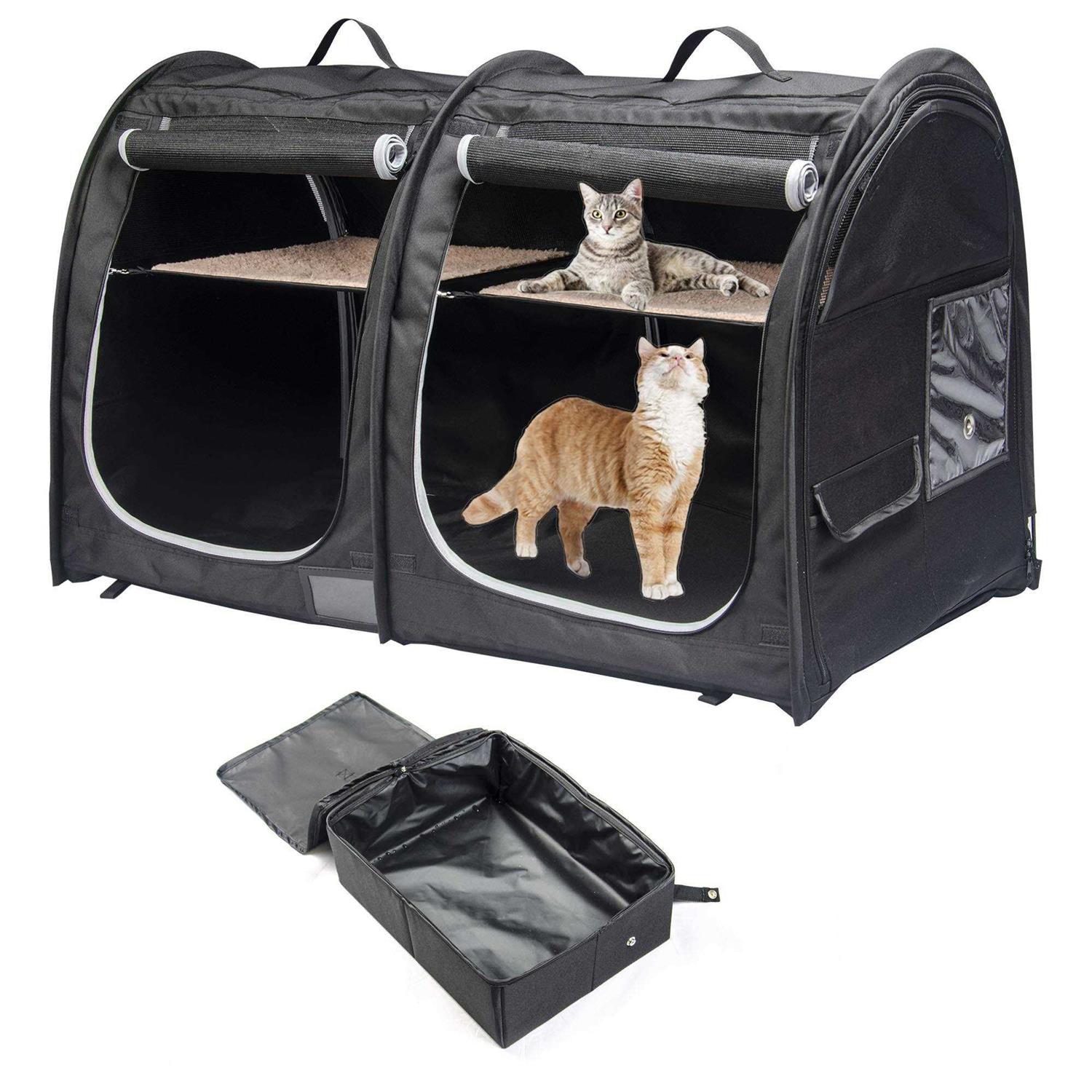 Mispace Portable Twin Compartment Show House Cat Cage/Condo Easy to Fold & Carry Kennel - Healthber