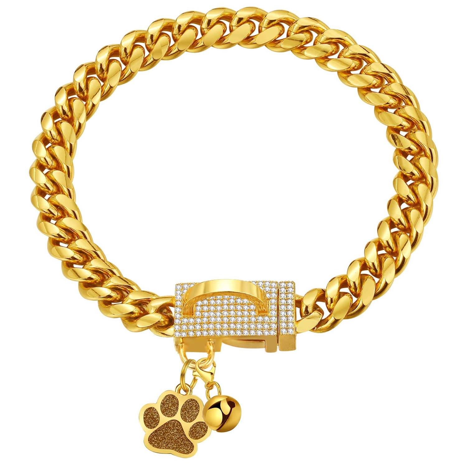 LuxLife Dog Chain Collars Gold Chain Dog Collar Cuban Link Dog Collar Snap Buckle 18K Stainless Steel Metal Dog - Healthber
