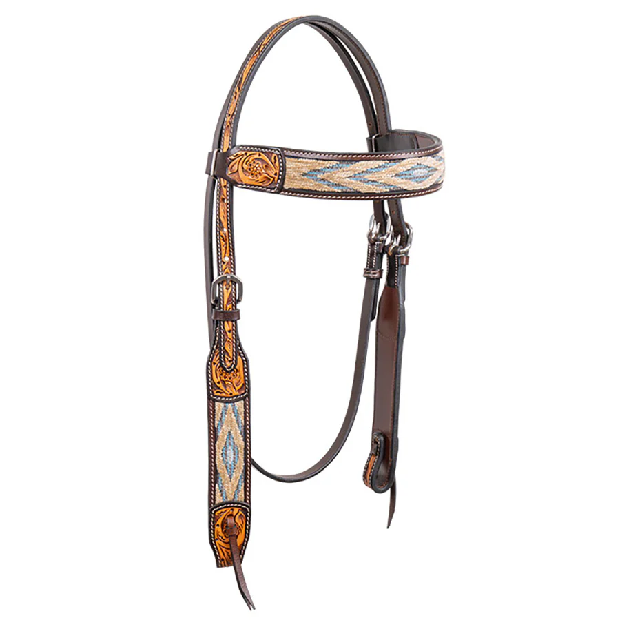 Cody Pro Blue & Beige Inlay Browband Headstall with Floral Tooling - Healthber