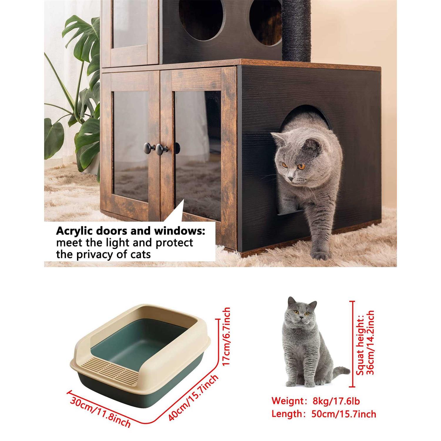 fourfurpets multipurpose litter box enclosure with cat tree, acrylic doors and windows - Healthber