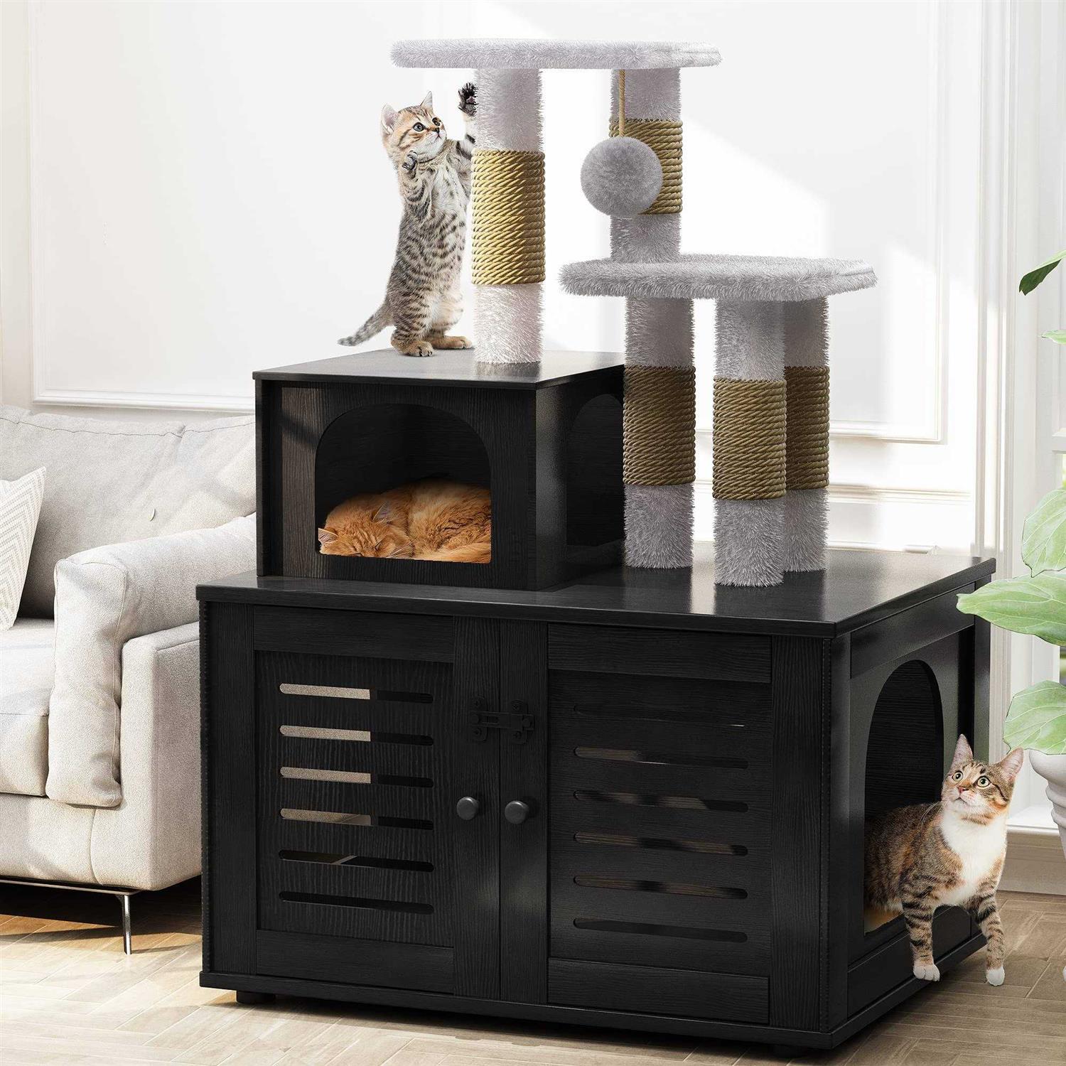 Recaceik Cat Litter Box Enclosure with Cat Tree Hidden Cat Washroom Furniture with Divider - Healthber