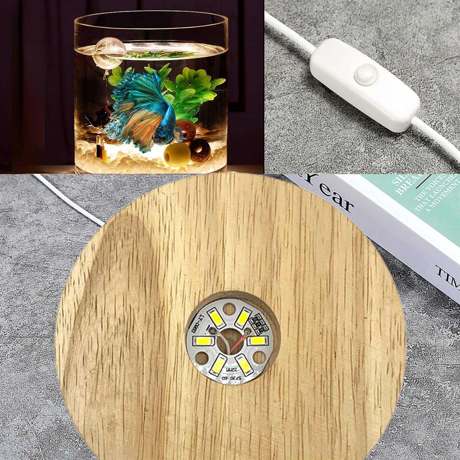 SANOSY Aquarium Starter Kits 0.81-Gallon Fish Tank for Beginner Cylindrical Betta Fish Bowl with Wooden Base LED Light Water Pump - Healthber