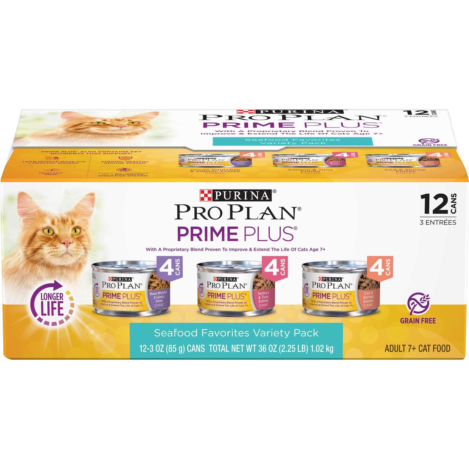 Purina Pro Plan Grain-Free Senior Pate Prime Plus Seafood Favorites Wet Cat Food Variety Pack - Healthber