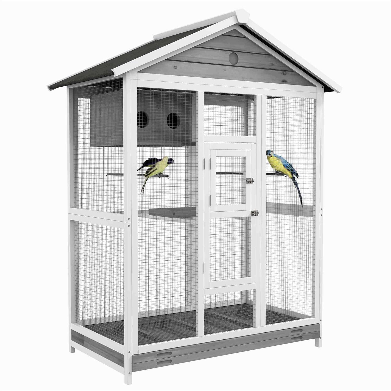 PawHut 64.5 Wooden Bird Cage Aviary, Flight Cage with 4 Perches, Nest and Slide-Out Tray for Indoor/Outdoor - Healthber