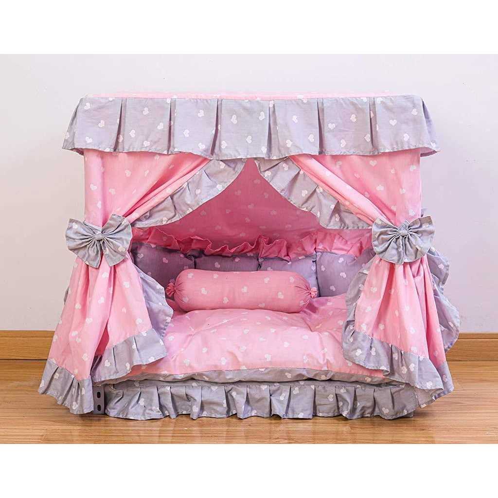 Kolachic Princess Pink grey White Heart Pet Dog Handmade Bed House+1 candy Pillow - Healthber