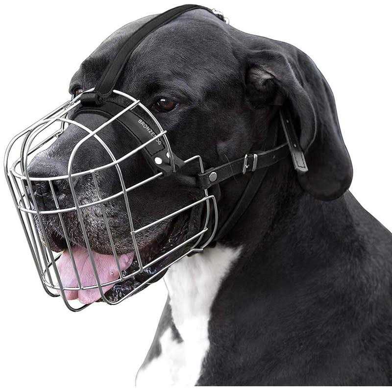 BRONZEDOG Metal Dog Muzzle Wire Basket Great Dane Mastiff Saint Bernard Mask with Leather Straps Muzzles for Extra Large Dog - Healthber