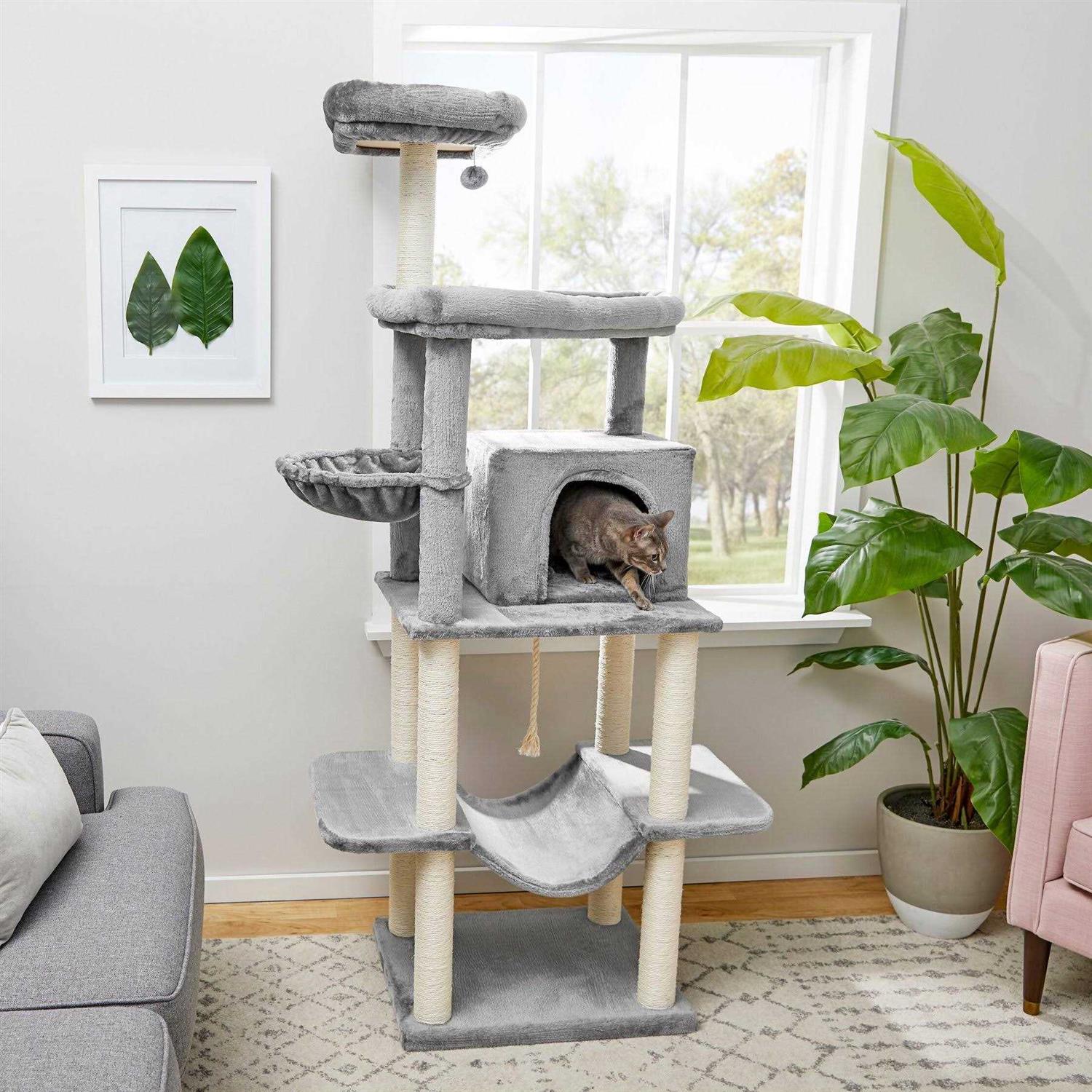 Frisco 73-in Cat Tree with Hammock Condo Lounge Basket Top Perch and Bed - Healthber